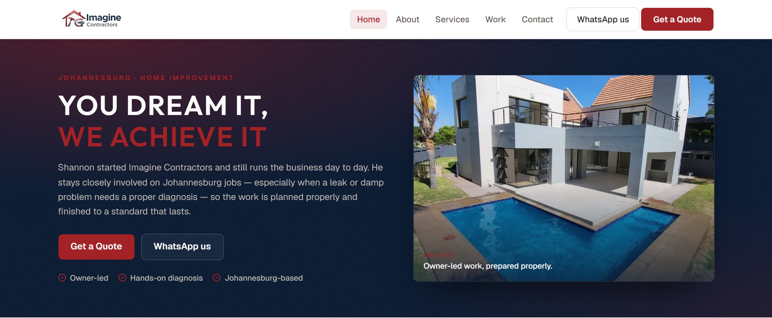 Imagine Contractors homepage — live Johannesburg home improvement site